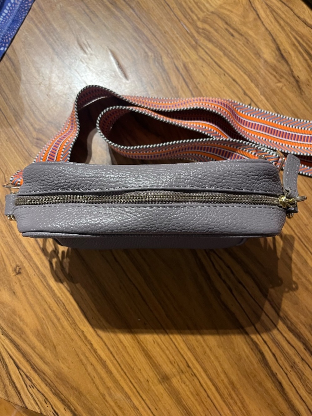 Grey Genuine Leather Crossbody Bag, orange strap, made in Italy, Elie Beaumont - Picture 2 of 9